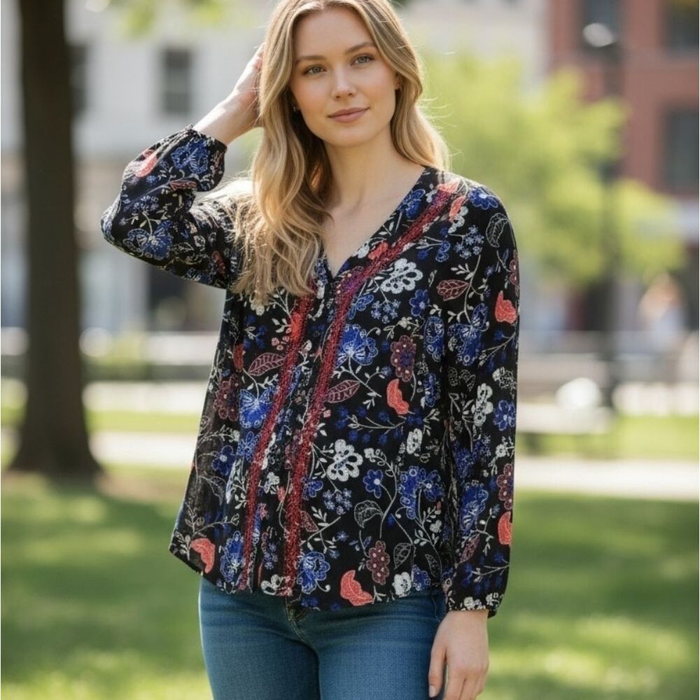 Maternity Floral Blouse Small Old Navy Black Button Front Work Top Fall Flowy